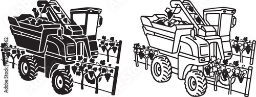 Grape harvester machine vector icons, mechanical vineyard harvesting equipment, agricultural tractor for winery production
