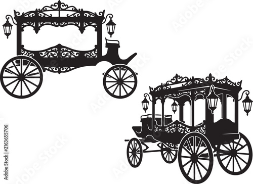 Vintage horse-drawn hearse silhouettes, antique funeral carriage vector set, gothic ornate death transport icons for mourning
