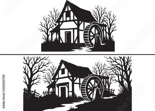 Vintage watermill vector illustration, rustic medieval timber house with water wheel, old countryside mill landscape in black and white