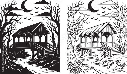Spooky Halloween covered bridge vector, haunted forest landscape with crescent moon and bats, gothic woodcut style bridge illustration