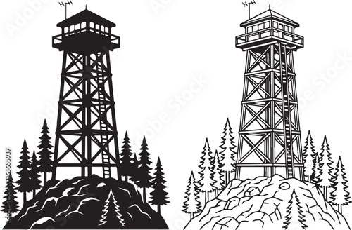 Vintage fire lookout tower vector, rustic forest watchtower silhouette, outdoor adventure mountain station icons