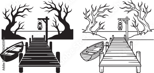 Spooky lake dock silhouette and line art, creepy forest landscape with rowboat and lantern, 2 vector illustrations for Halloween