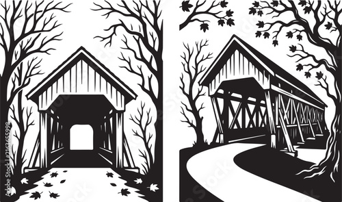 Vintage covered bridge vector illustrations, rustic wooden bridge landscape set, black and white rural scenery with autumn trees