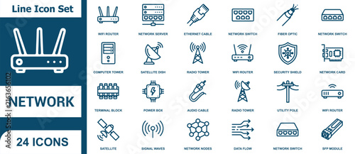 Set of twenty four thin line network and internet technology icons for web and mobile design