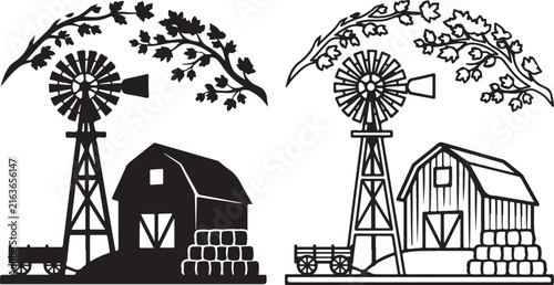 Vintage farm windmill and barn vector, rustic countryside landscape silhouette, 2 black and white farm life illustrations