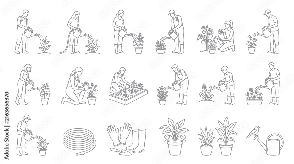 Obraz premium Black White Outline Line Art Gardening and Watering Plants Icons Set. People Cultivating Home Garden, Tools.