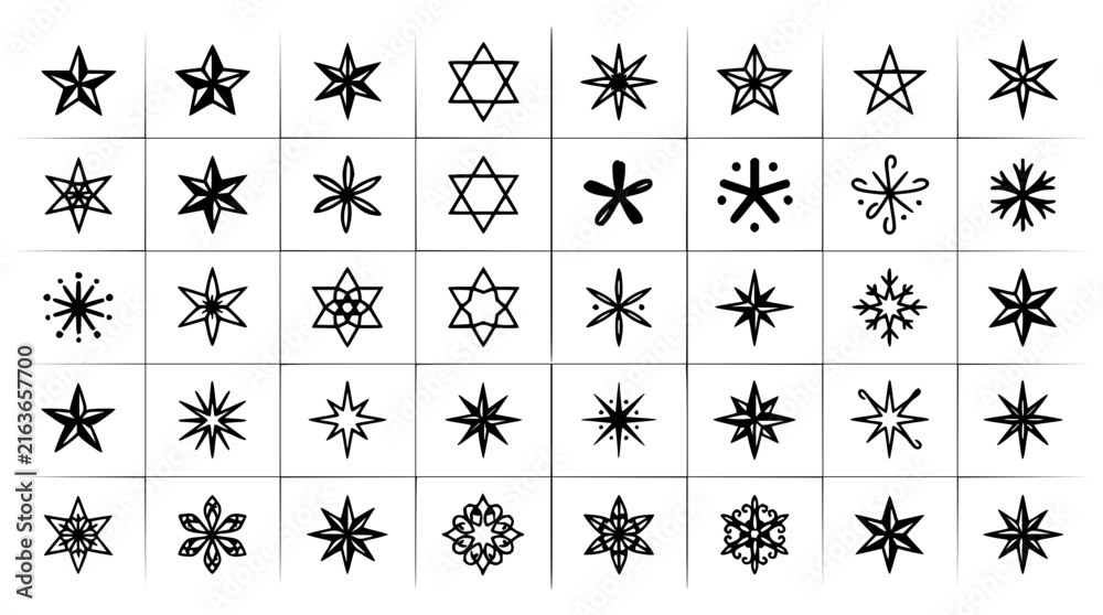 Fototapeta premium Star and asterisk symbols set with minimalist line art featuring gold, silver, and black icons with geometric shapes and abstract patterns