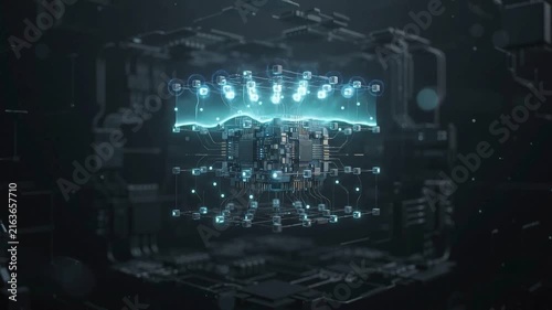 Intricate futuristic technology powering up with glowing blue energy circuits and holographic interface in a dark, industrial sci-fi environment.