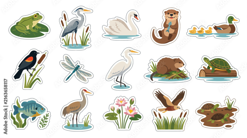 Obraz premium Cute Wetland Animals Stickers: Frog, Birds, Otter, Ducks, Fish, Turtles - Flat Vector Art