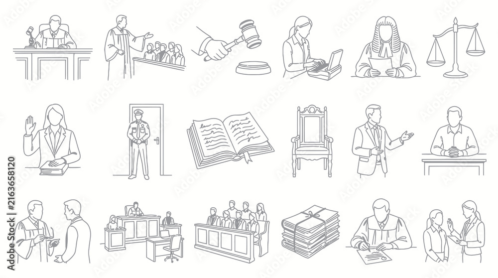 Fototapeta premium Black and White Line Art: Legal Courtroom Scene Icons
