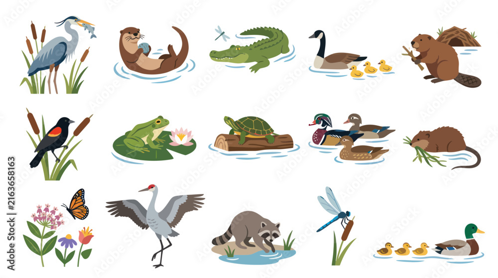 Obraz premium Cartoon Flat Vector Illustration of Diverse Wetland Wildlife Collection: Animals, Birds, Insects, and Aquatic Plants