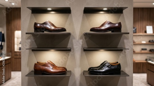 Luxury leather shoes displayed on illuminated shelves in a store
