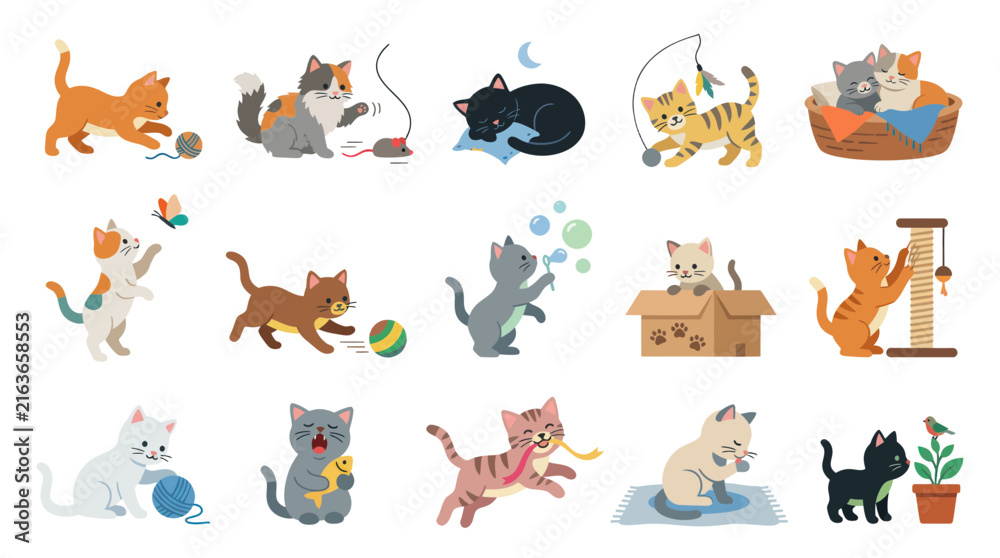 Obraz premium Cute Cartoon Cats and Kittens Playing and Relaxing - Flat Vector Pet Animals Illustration Set