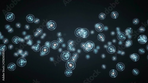 Abstract digital particles, glowing with blue light, swirl and pulse in a dark, futuristic, science-fiction atmosphere, representing data or energy transmission.