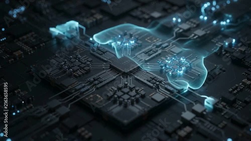 Futuristic abstract macro shot of a central computer processor chip with glowing neon blue circuits and data streams flowing, symbolizing artificial intelligence and advanced technology.