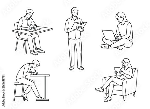 People studying and working with books and technology in a simple line drawing style