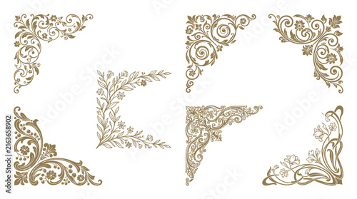 Set of elegant vintage floral corner ornaments for decorative frames and invitations.