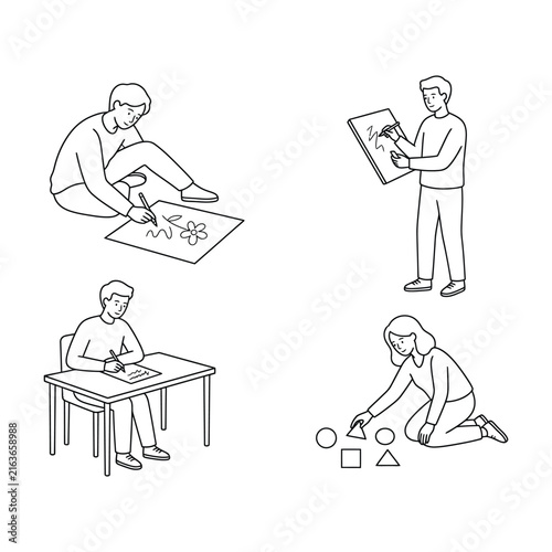 Creative people drawing and playing with shapes during a lesson in a simple line art style