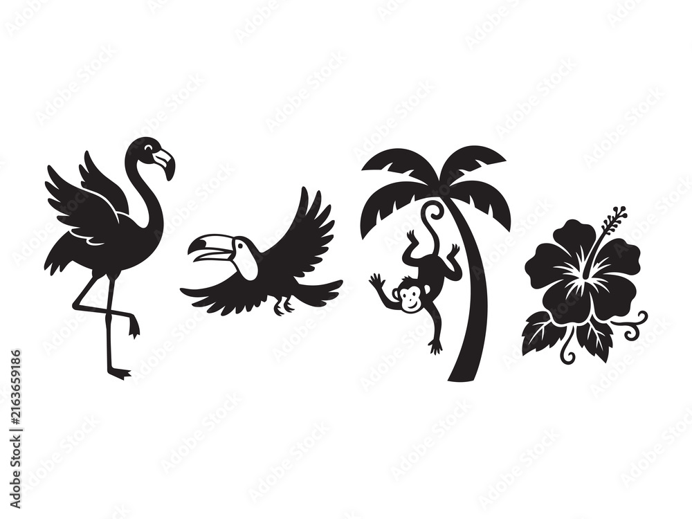 Naklejka premium Black tropical jungle animal and flora vector elements isolated on white background for summer art.