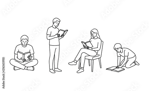 Diverse people reading books in various seated and standing positions with clean white background