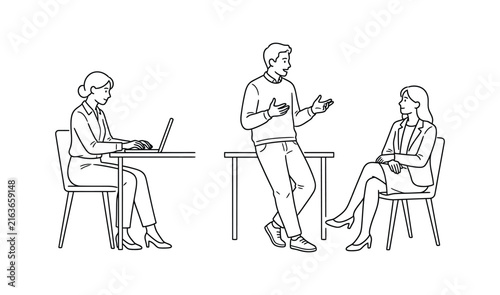 Business people collaborating in a modern office setting with a clean line art style