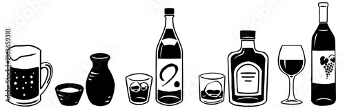 版画風のお酒（アルコール飲料）・モノクロ