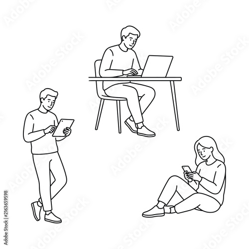 People interacting with digital devices during daily activities in a minimal line drawing style