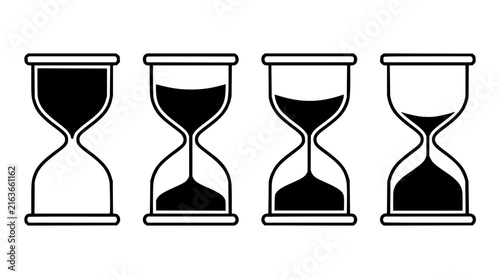 Hourglasses set with varying sand levels featuring time, measurement, chronology, sequence and progression