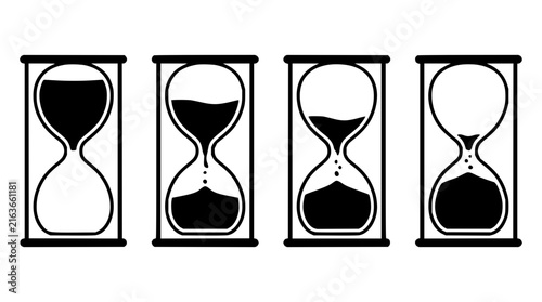 Hourglasses set with sequential sand levels featuring time progression, chronology, stages and measurement with black and white design