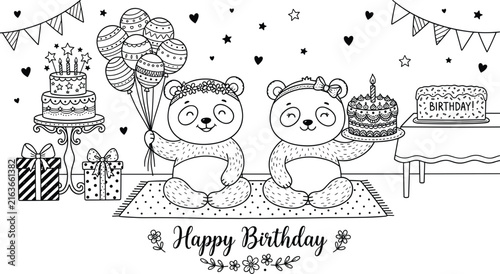  Cute panda bears happy birthday celebration vector illustration featuring balloons cakes gifts and bunting garland line art design element