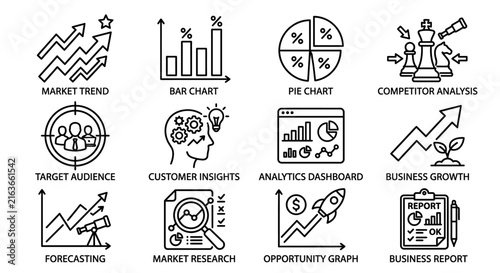 Data market research icon set with bold black lines for financial growth analysis and business intelligence reporting.