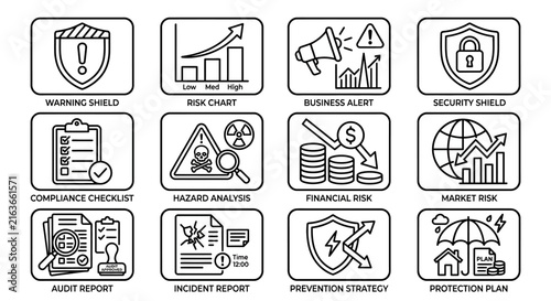 Risk management and compliance icon set with black square frames for safety audit and corporate financial protection.