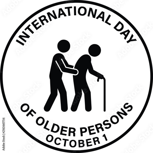  International Day of Older Persons circular badge vector concept featuring elderly assistance silhouette pictogram and October 1 typography