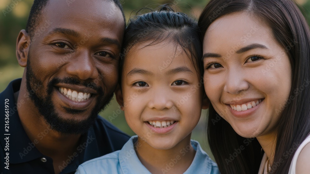 Fototapeta premium Happy Family Portrait with Smiling Parents and Child Outdoors