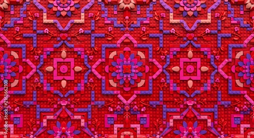 Seamless geometric Moroccan tile pattern in vibrant red and blue for modern design projects