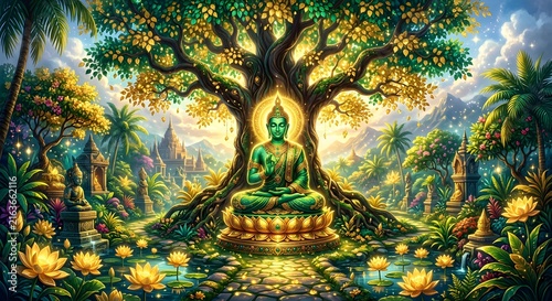 Mystical tree with glowing Buddha face in serene forest water reflection at golden hour