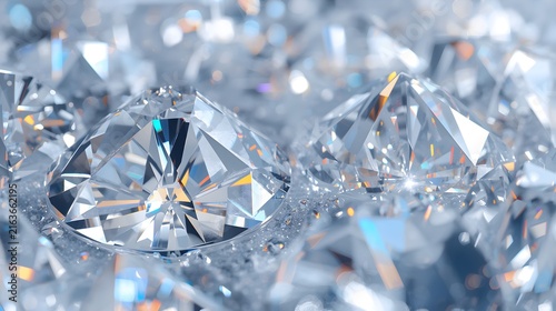 Close-up of sparkling clear diamond gemstones with icy frost and water droplets texture