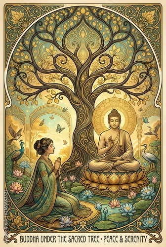 Vintage illustration of two children sitting under a large ornate tree by a riverbank at dusk