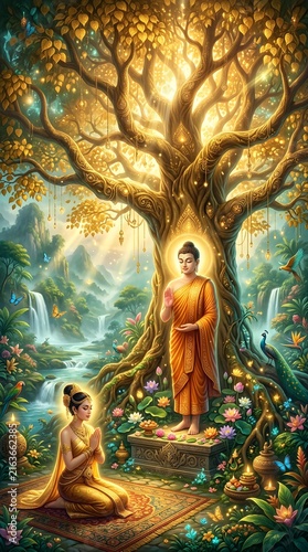 Illuminated spiritual figure meditating under sacred golden tree with devotee in serene nature setting