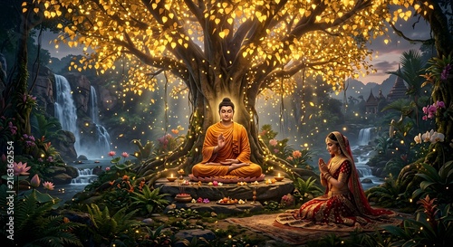 Golden Buddha statue meditating under illuminated ancient tree with cascading waterfall and lotus flowers at dusk