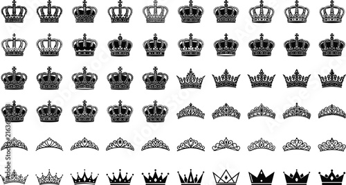  Royal crown and tiara vector icon collection featuring king queen imperial and princess graphic symbols