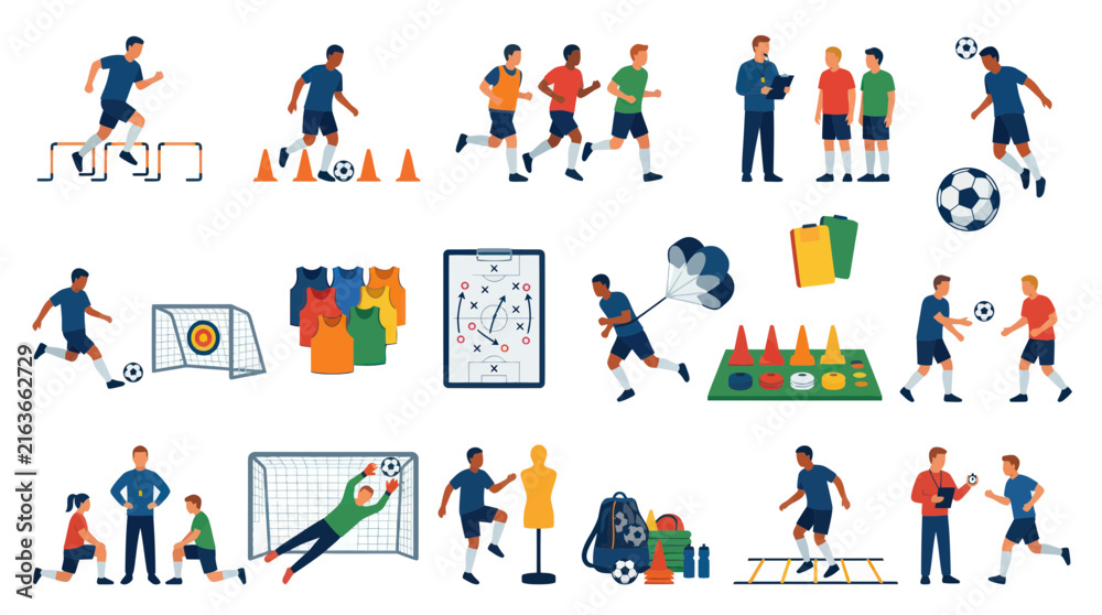Fototapeta premium Soccer Football Training Elements Flat Vector Illustration Set with Players, Coach, Ball, Goal, Drills