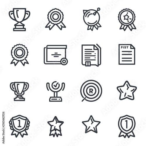 Achievement and award line icon set for winners, success, best results, victory, and championship.