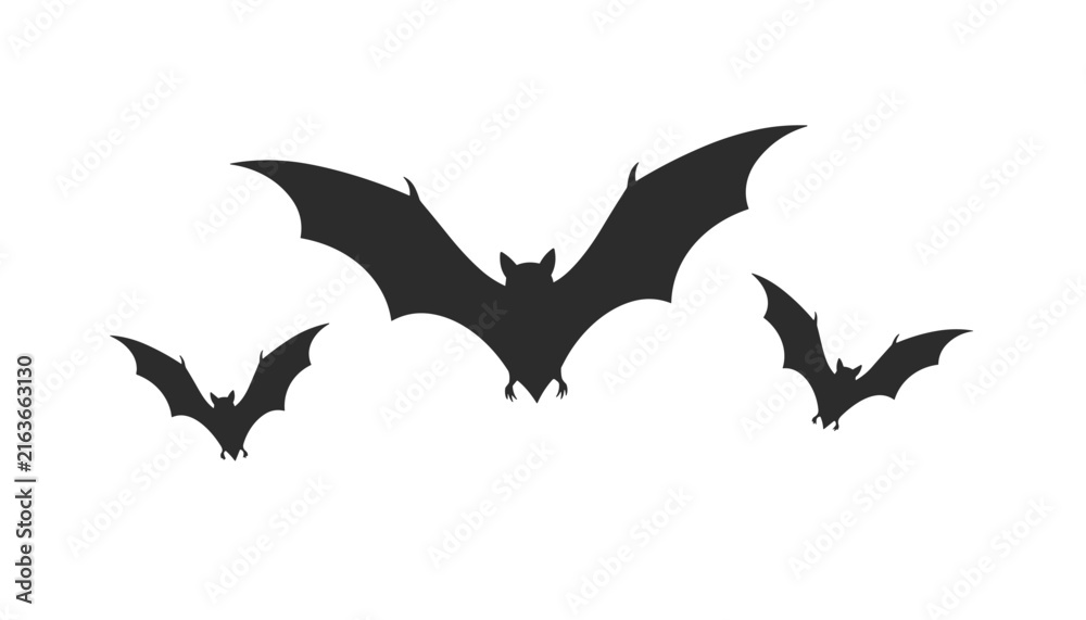 Fototapeta premium Black silhouettes of three flying bats of varying sizes, presented in flight against a clean white background.