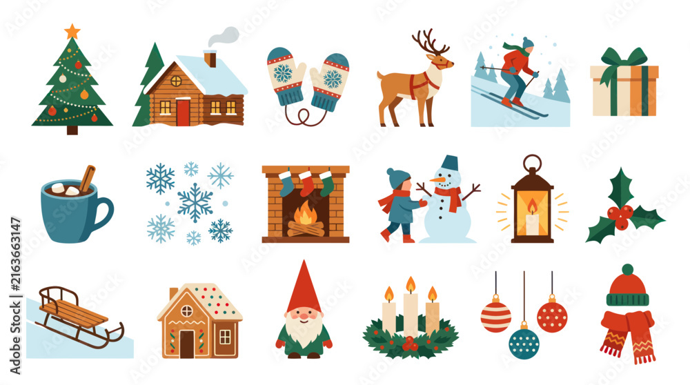 Fototapeta premium Flat Design Christmas Icons: Tree, Snowman, Gifts, Reindeer, Winter Scene, Decorations