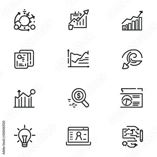 Business strategy and finance line icon set for planning, analysis, investment, and growth.