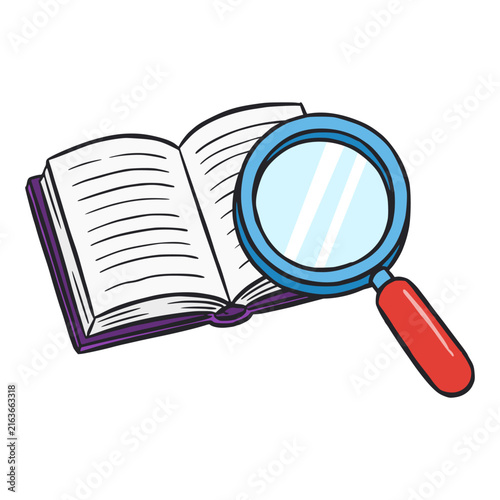 Konstfotografi open book and magnifying glass research study scientist analysis examine educati