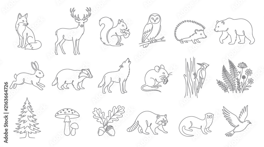 Obraz premium Forest Animals and Nature Elements Line Art Icons Set - Woodland Wildlife Black and White Outline Collection