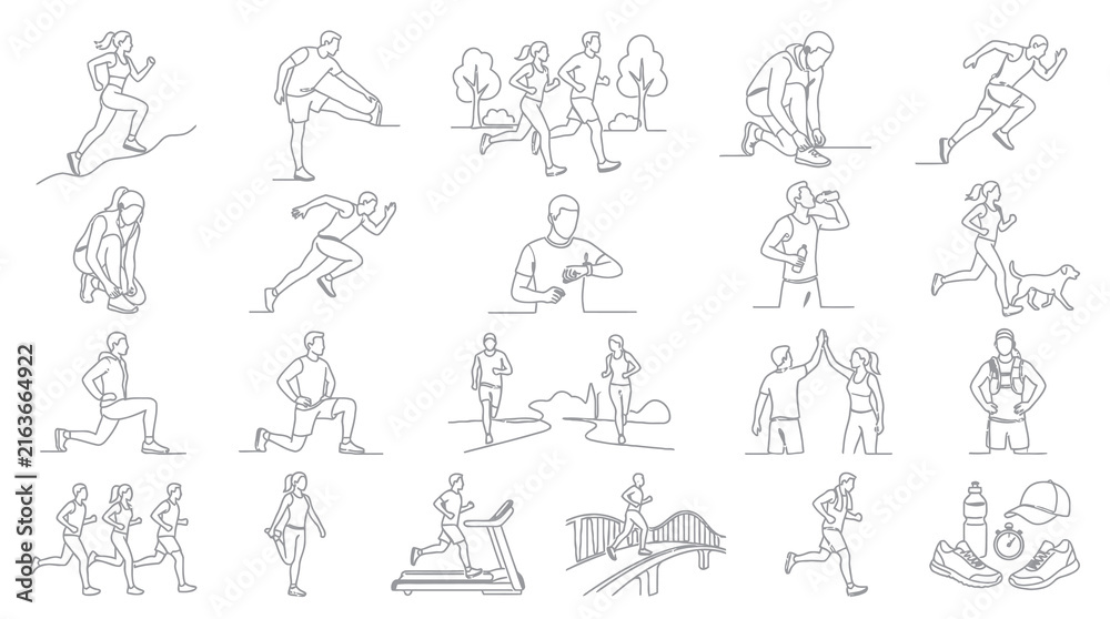 Obraz premium Health Fitness Running People Athletes Black White Continuous Line Art Icons Set