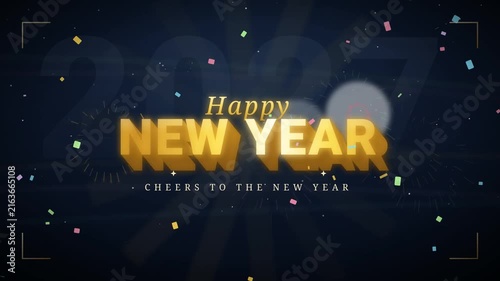 Happy New Year Celebration Greeting with Golden Typography and Confetti